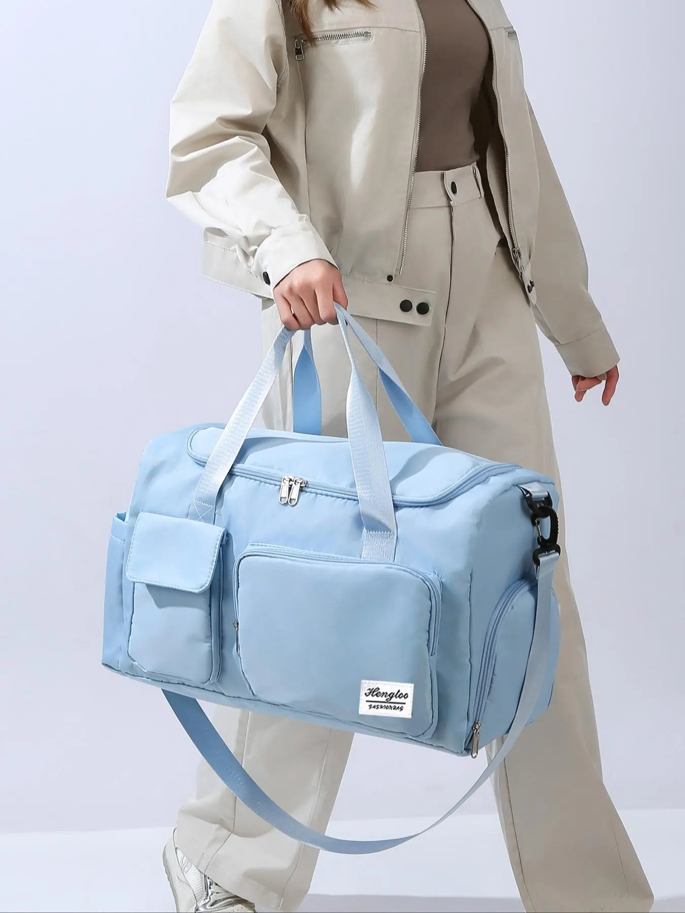 Women'S Fashion Large Capacity Travel Bag, Solid Color Letter Patch Zipper Pocket Travel Bag, Casual Lightweight Travel Bag for Gym & Short Business Trips, Durable Travel Bag